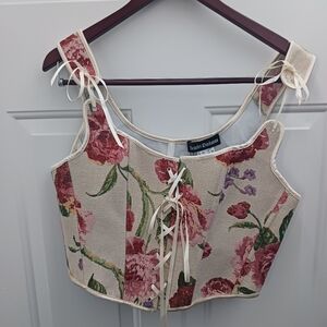 Dollhouse Floral Lace-Up Cream Crop Top